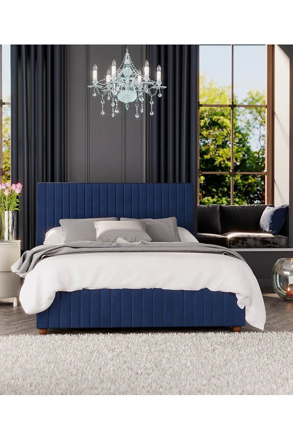 Laurence Llewelyn-Bowen Estella Ottoman Storage Bed in Plush Velvet Fabric, Custom Made in Navy 5
