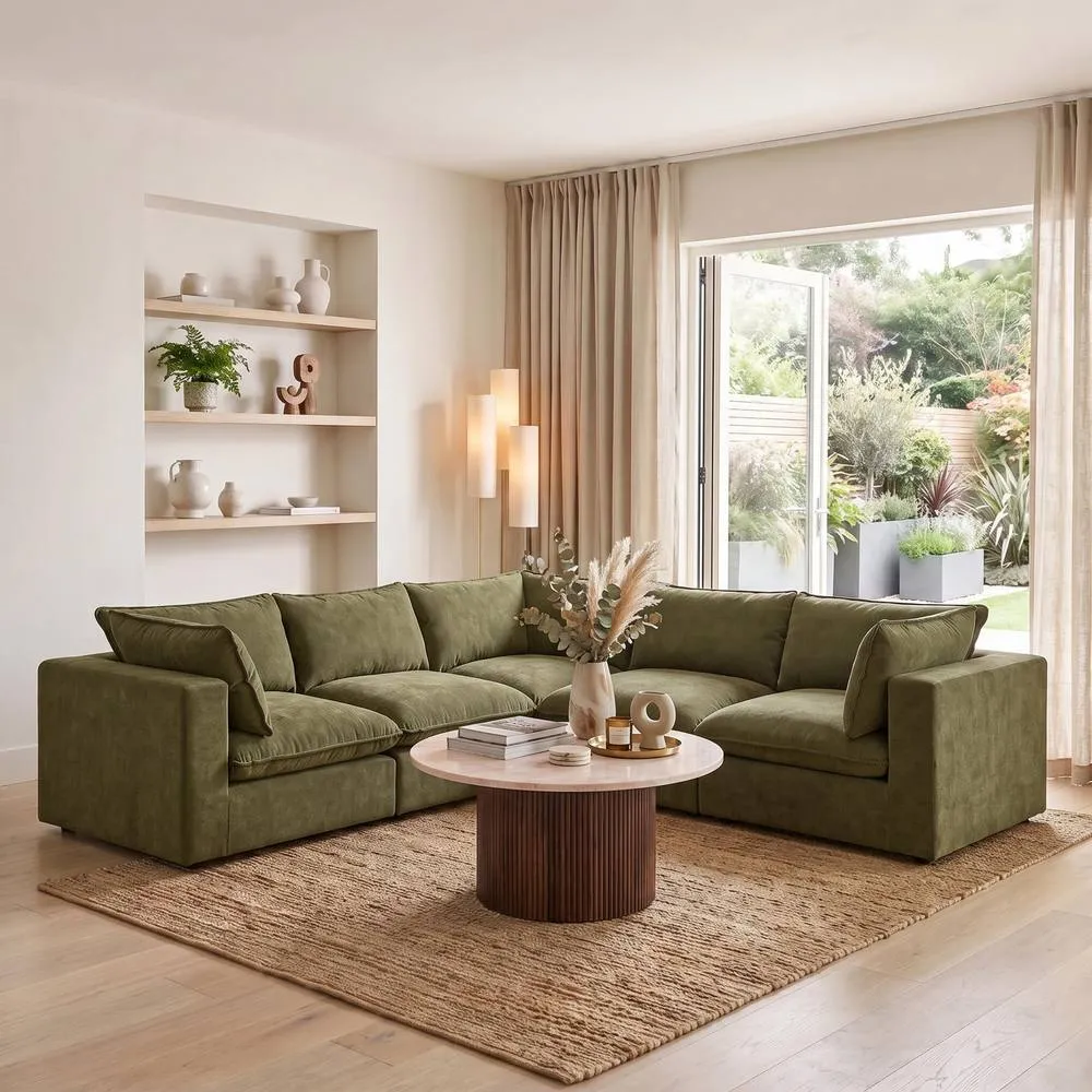 FurnitureboxUK Echo Linen-Look Fabric 5 Seater L-Shaped Modular Corner Sofa in Green 5