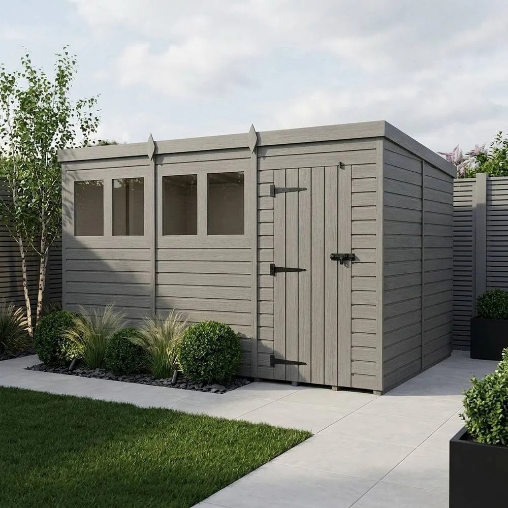 Buttercup Farm 12ft x 10ft Composite Pent Garden Shed Single Door With Windows in Grey 2