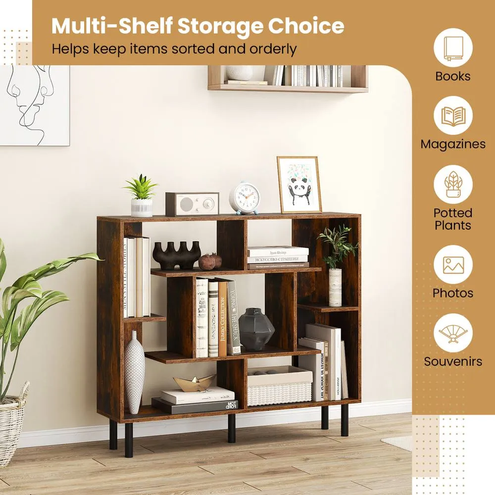 Costway Modern Geometric Bookcase Wooden Open Bookshelf Display Shelves in Brown 6