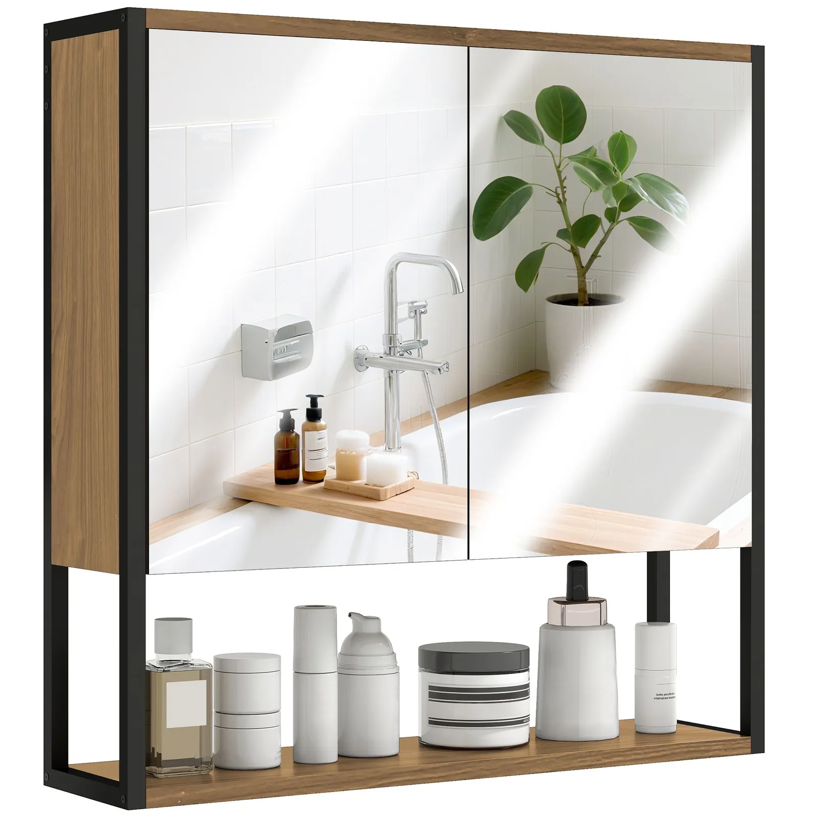 HOMCOM Industrial Bathroom Cabinet with 2 Mirrored Doors Open Shelf, Natural 2