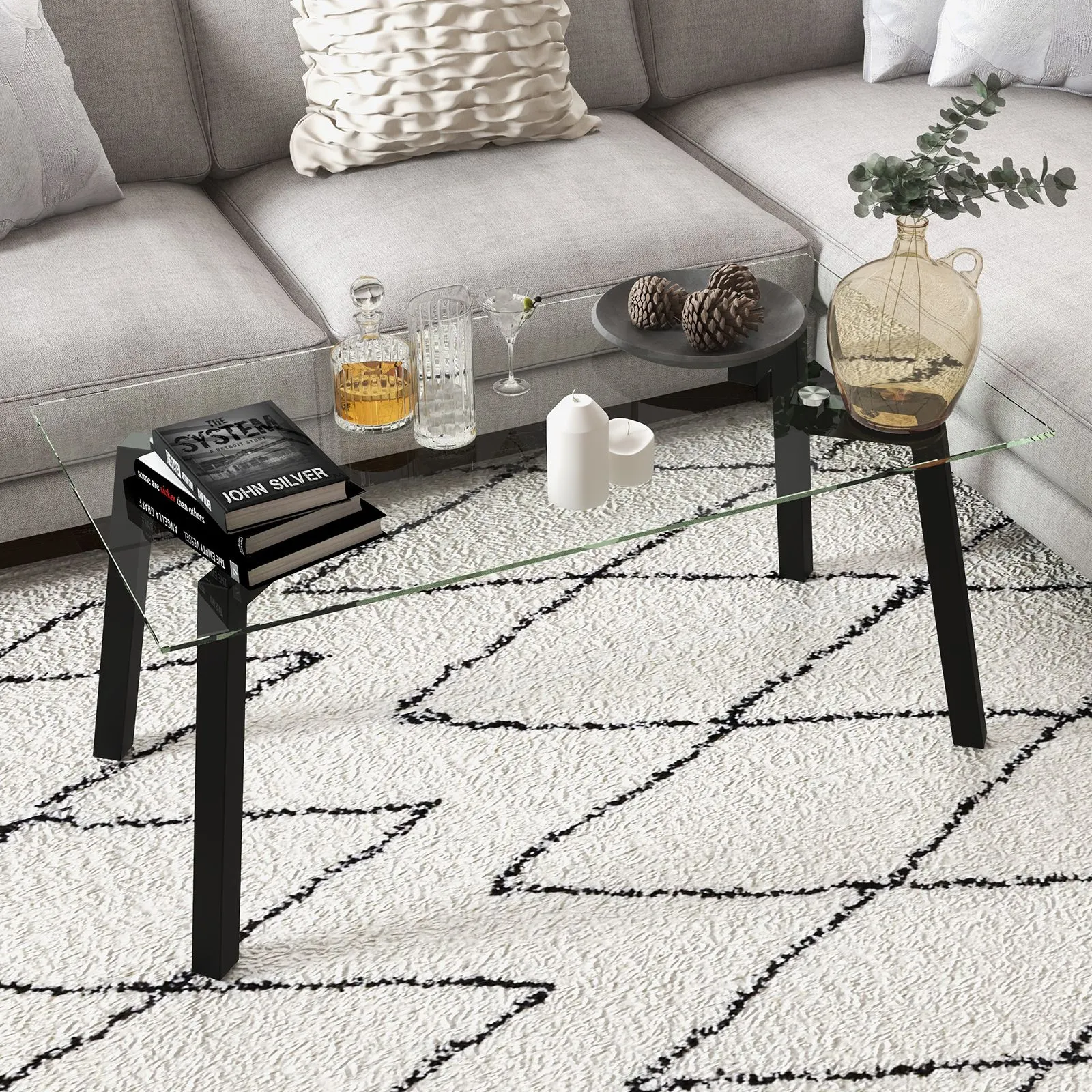 Costway Tempered Glass Coffee Table Rectangular Cocktail Snack Tea Table with Metal Leg in Clear 3