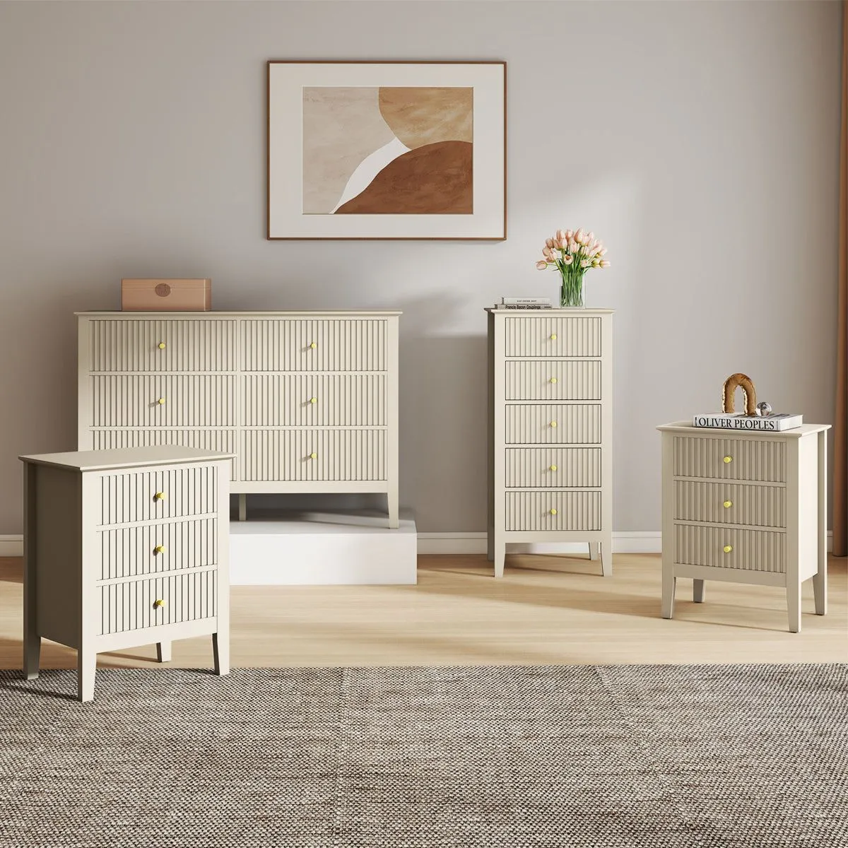 Melody Maison 6 Drawer Chest Of Drawers, Tall 5 Drawer Bedside Table & Pair Of 3 Drawer Bedside Tables - Hales Taupe Range in Beige