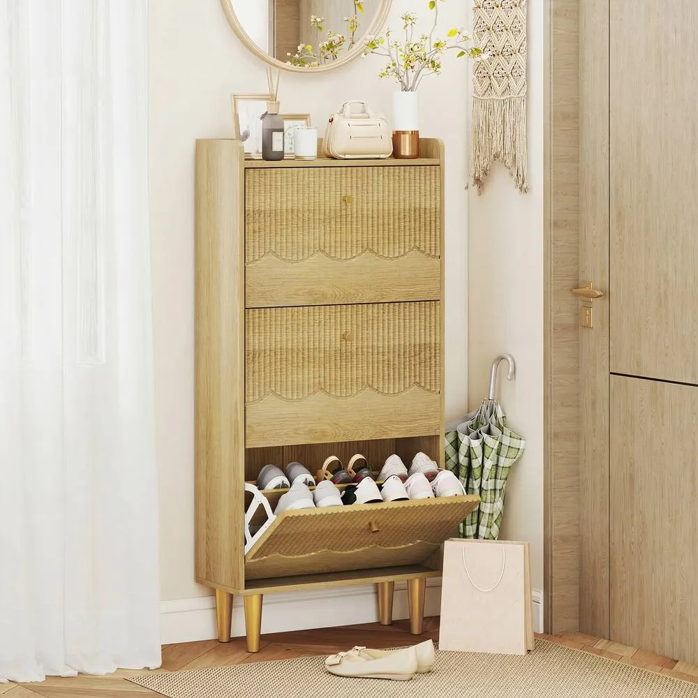 HOMCOM Narrow Shoe Cabinet, Shoe Storage Cabinet with 3 Flip Drawers, Oak in Natural 2