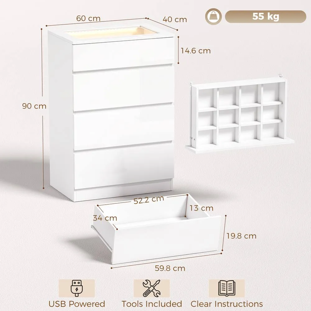 HOMCOM High Gloss 4 Drawer Chest of Drawers with Glass Top RGB LED Lights in White 3