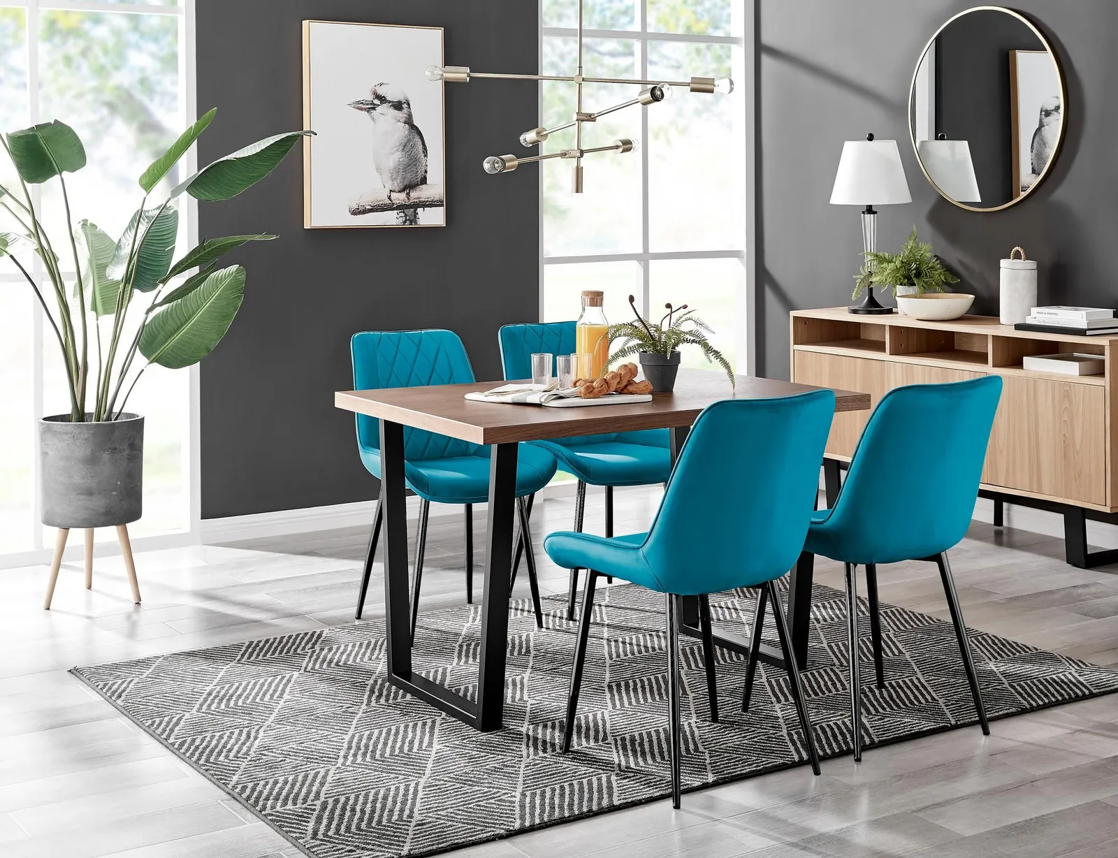 FurnitureboxUK Kylo Brown Wood Effect Dining Table With Black 'U' Legs & 4 Pesaro Velvet Chairs in Blue 1