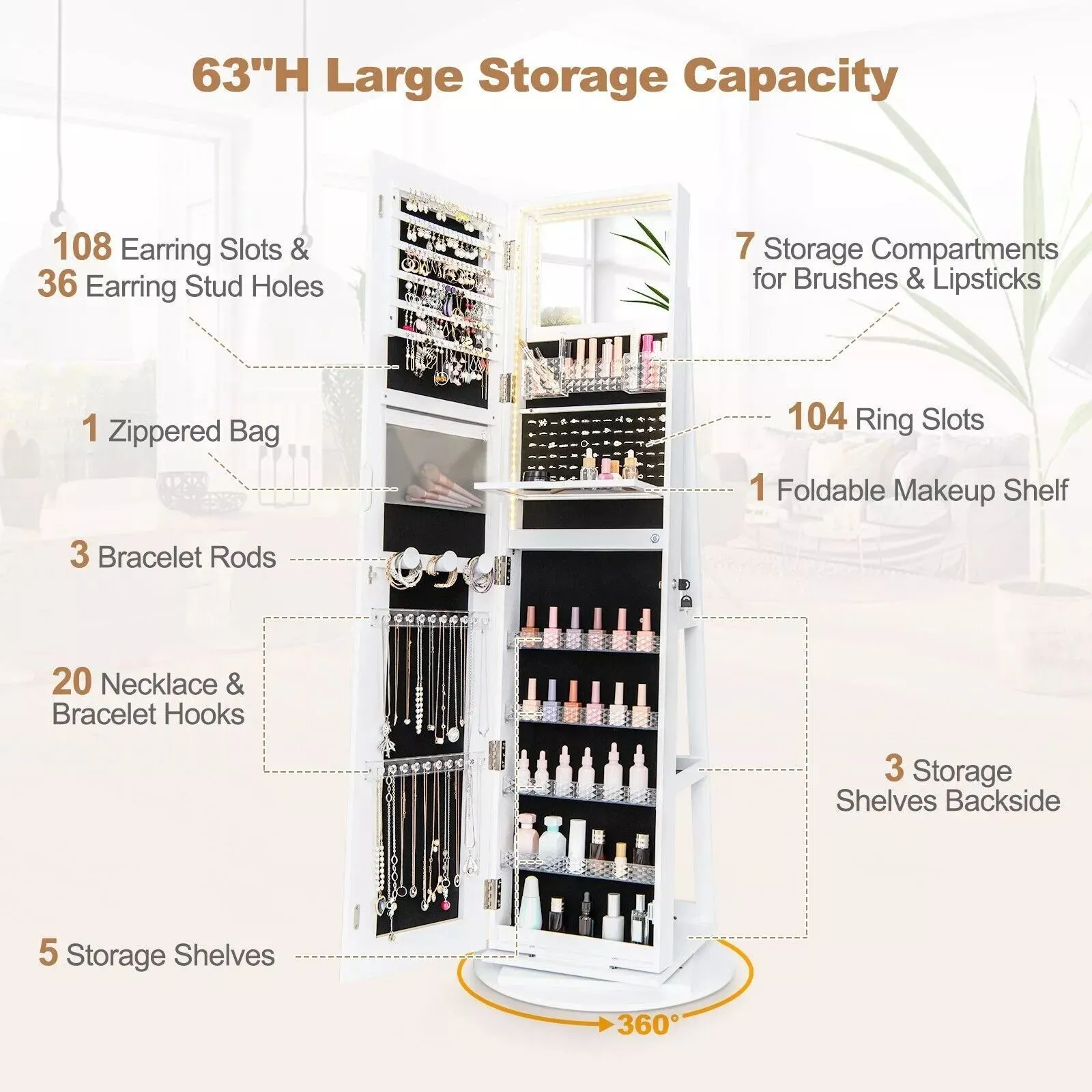 Costway 360 Swivel Jewelry Cabinet Lockable Jewelry Makeup Armoire w/ LED Lights in White 6