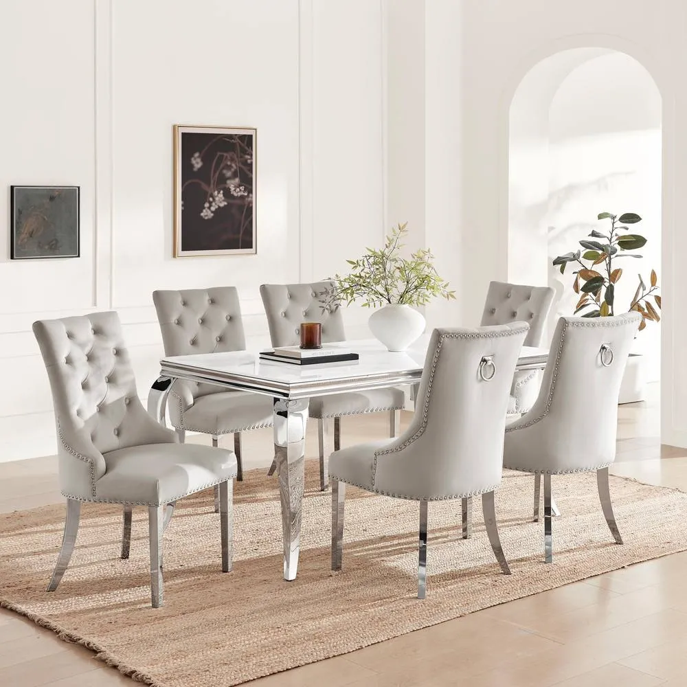 FurnitureboxUK Skye Rectangle Marble Effect Dining Table & 6 Grey Belgravia Chairs