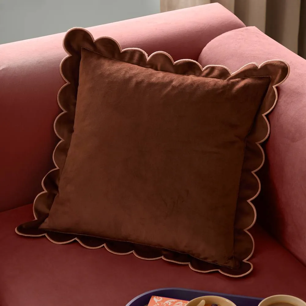 Furn Lil Scallop Velvet Cushion in Brown