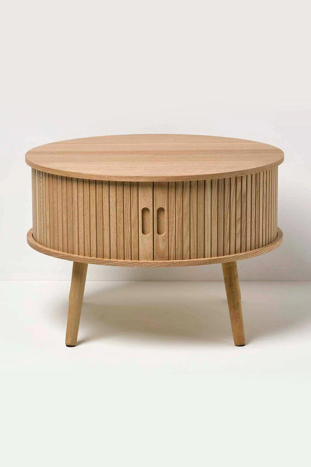 Homescapes Modern Coffee Table, Round Cabinet with Sliding Tambour Doors in Natural