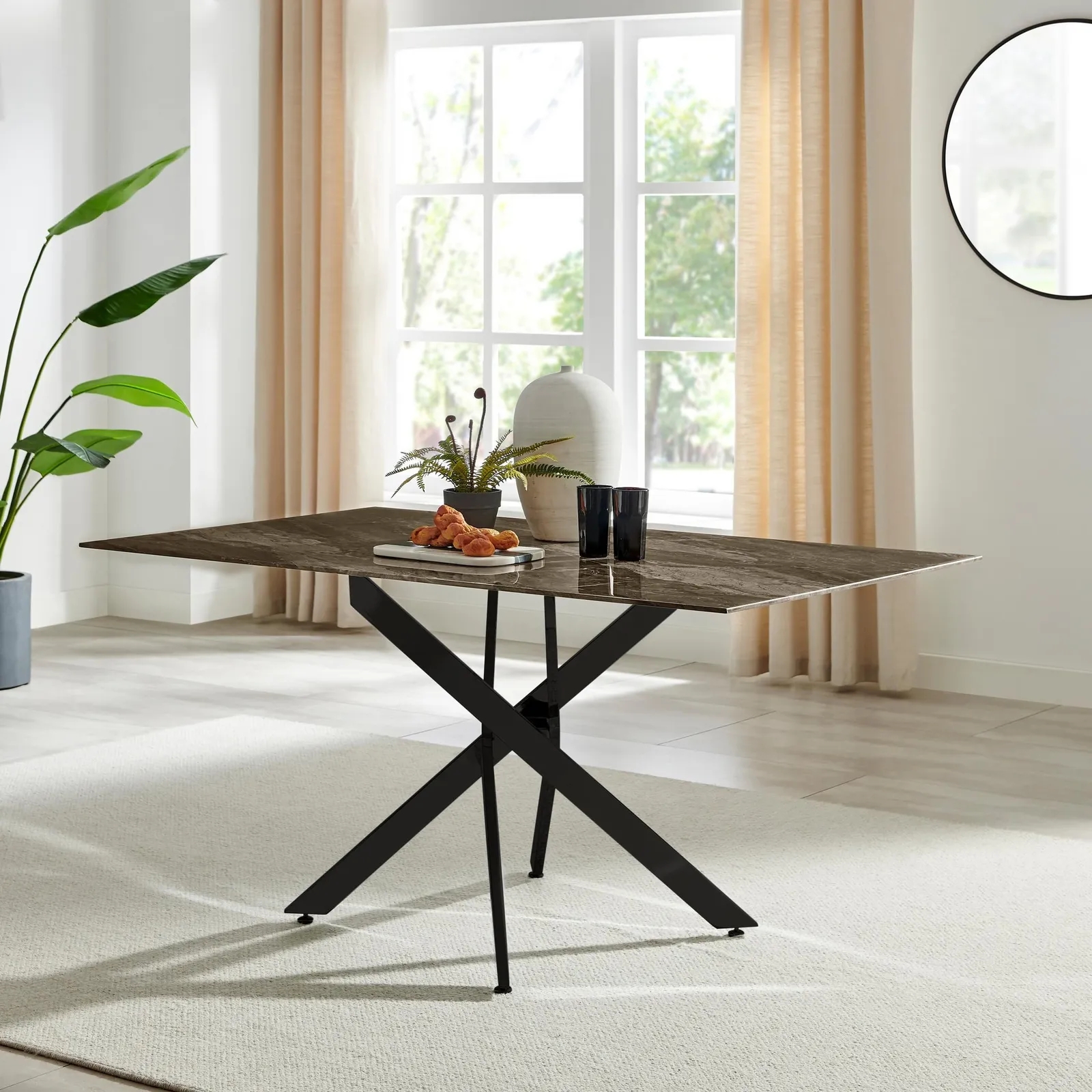 FurnitureboxUK Leonardo 6-Seater Dining Table With Marble Effect Glass Top & Black Metal Legs in Dark Brown 2