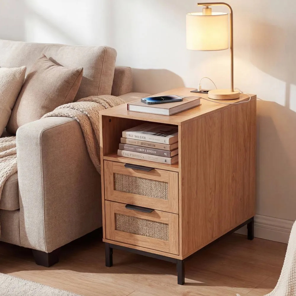Costway Narrow End Table with Charging Station in Brown 3