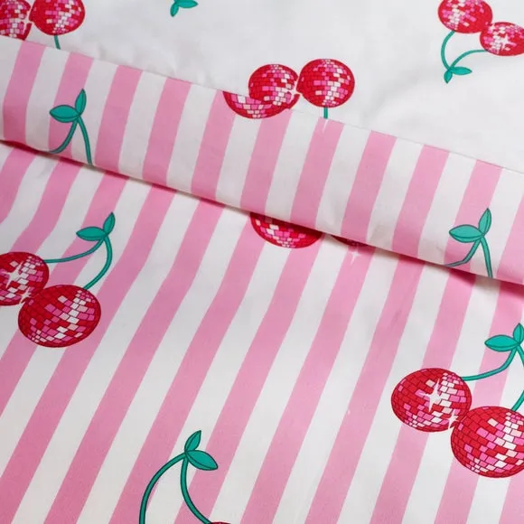 Catherine Lansfield Disco Cherries Stripes Polycotton Duvet Cover & Pillowcase Set 4