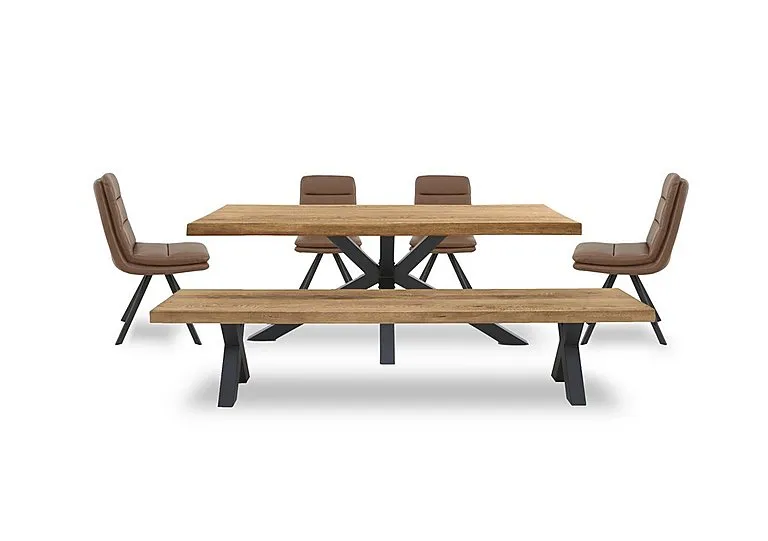 Njord Raw Edge Dining Table with Metal Star Base, Bench and 4 Tan Faux Leather Swivel Chairs - 220-cm