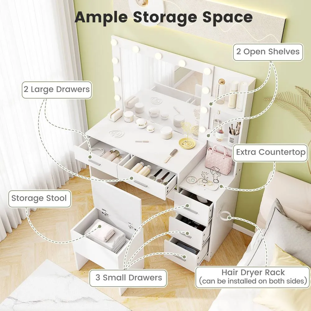 Costway Modern Vanity Desk w/5 Drawers &Stool Makeup Table Set w/Power Outlets in White 6