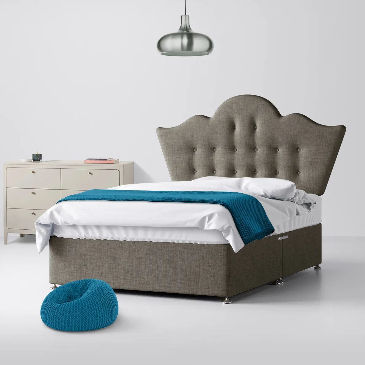 Florence Buttoned Slate Grey Fabric Ottoman Divan Bed - 4ft Small Double