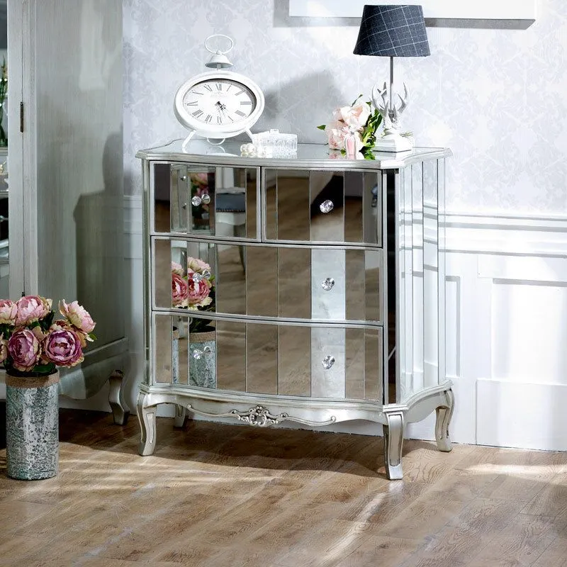 Melody Maison Bedroom Furniture, Silver Mirrored Chest Of Drawers & Pair Of Bedside Tables - Tiffany Range in Metallic Silver 3