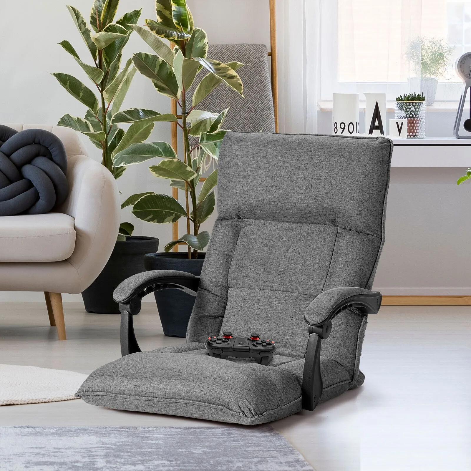 Costway Adjustable Floor Chair Gaming Floor Chair Lazy Sofa W/ Linkage Armrest in Grey 2