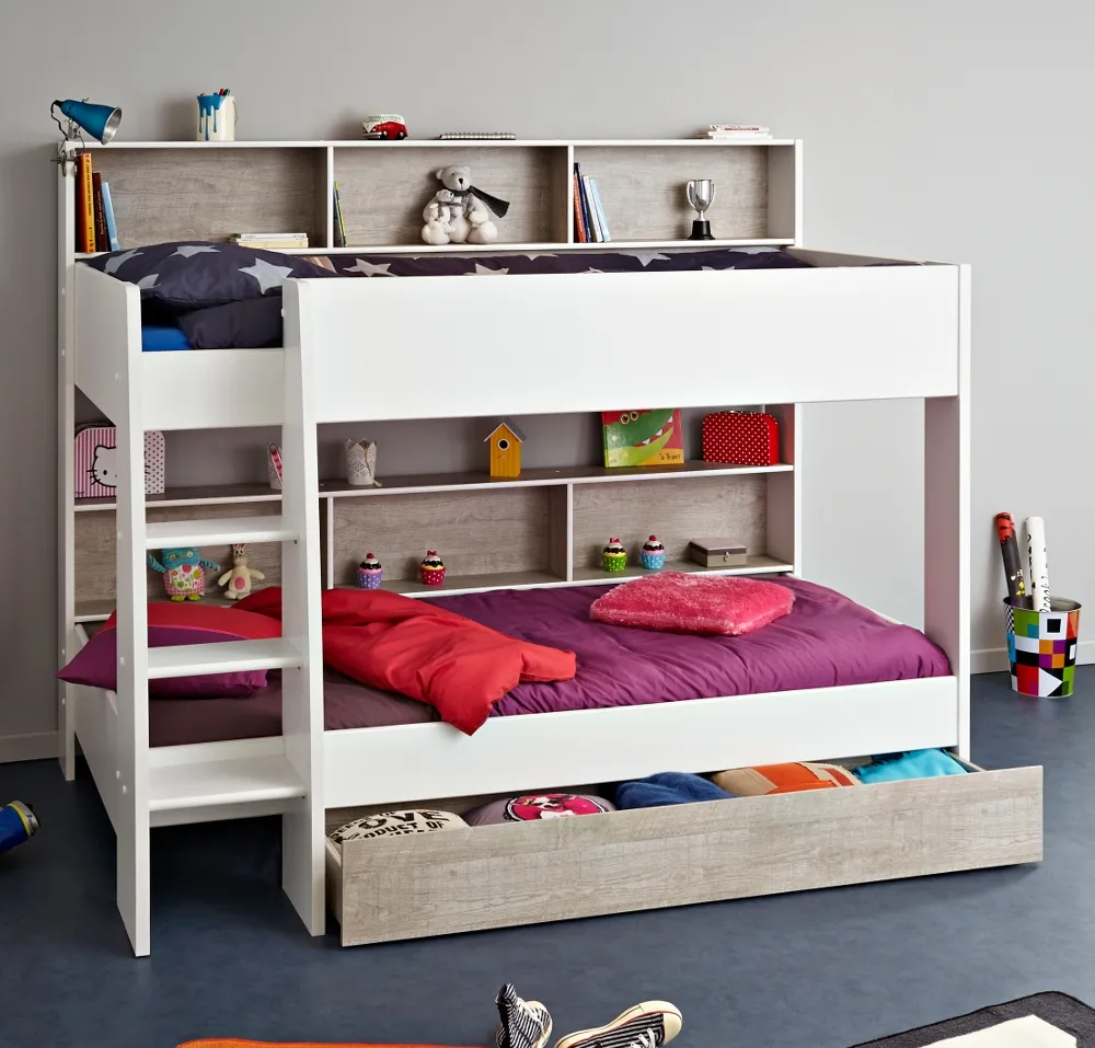 Tam Tam White and Grey Wooden Bunk Bed with Underbed Storage Drawer Frame - EU Single