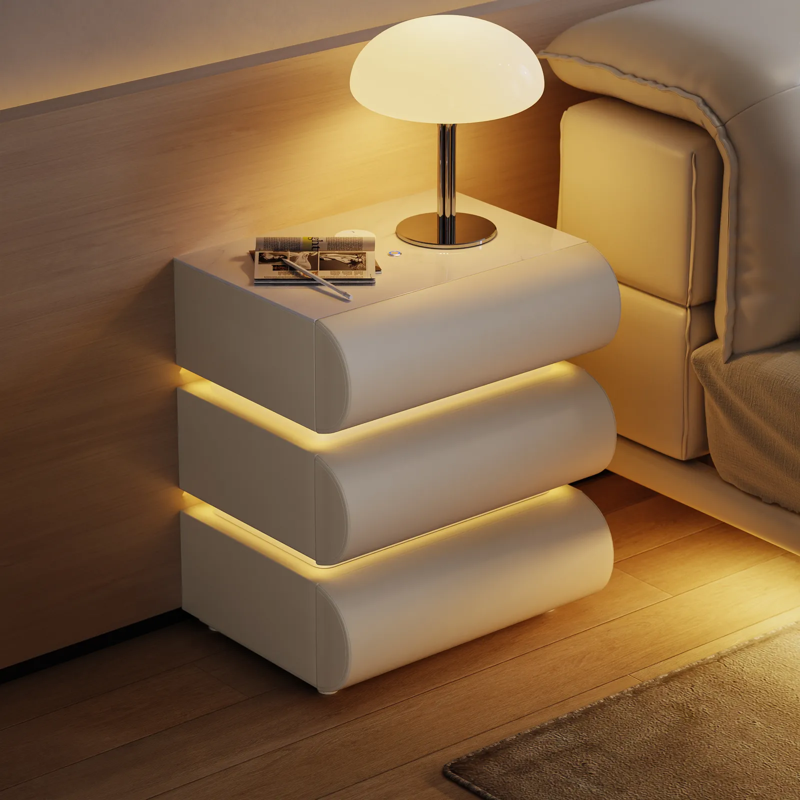 Humply White Faux Leather 3-Drawer LED Nightstand with Charging Station, Set of 2
