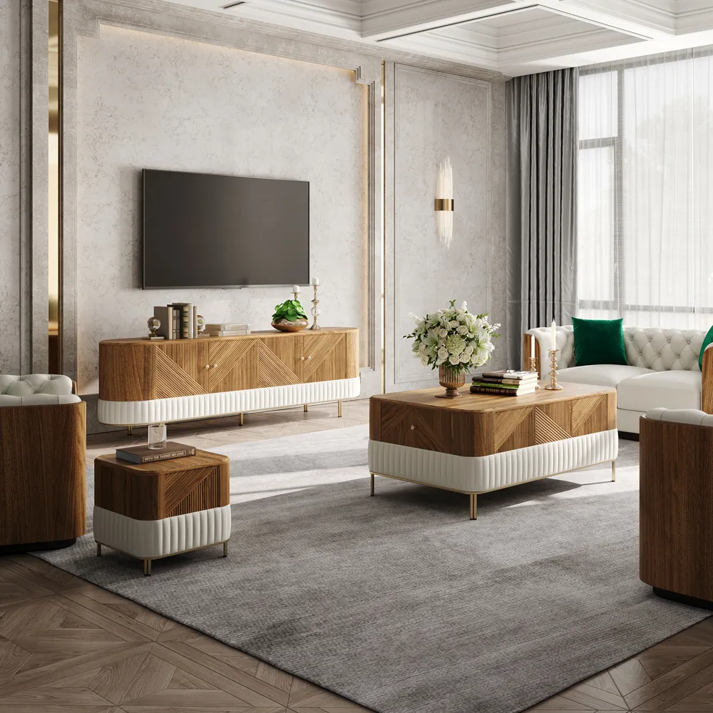 Wovent Walnut & Leather TV Stand & Coffee Table Set