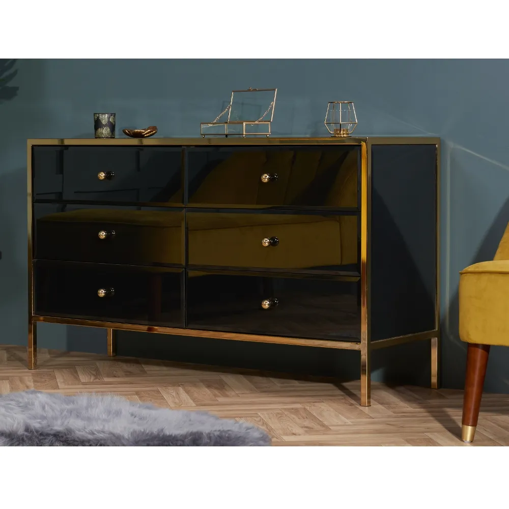 Fenwick - 6 Drawer Chest - Black/Gold - Glass/Metal - Happy Beds 1