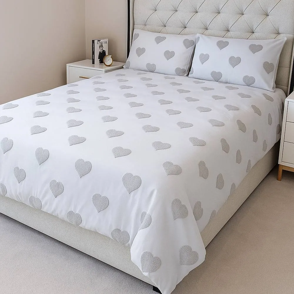 Voltico Grey Tufted Star Heart Duvet Set - Single, Double & King in Light Grey