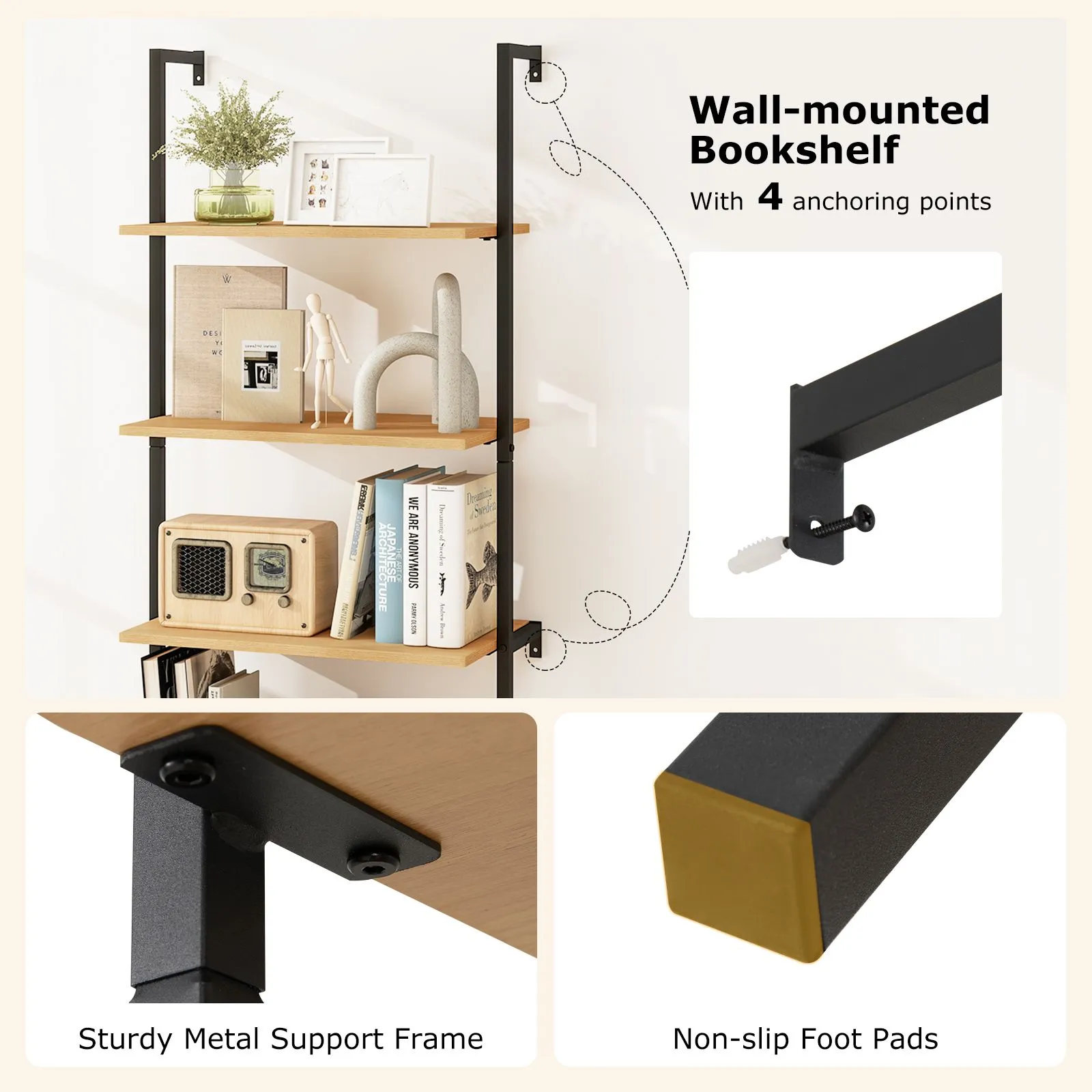 Costway Wall Mount Bookshelf Storage Shelves 6-tier tall display rack w/ Cabinet in Natural 6