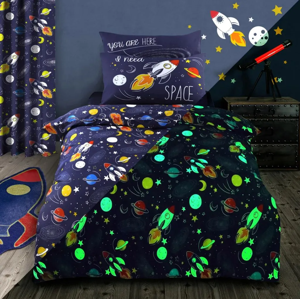 Velosso Space Glow In Dark Cotton Rich Printed Duvet Cover & Pillowcase Set in Blue