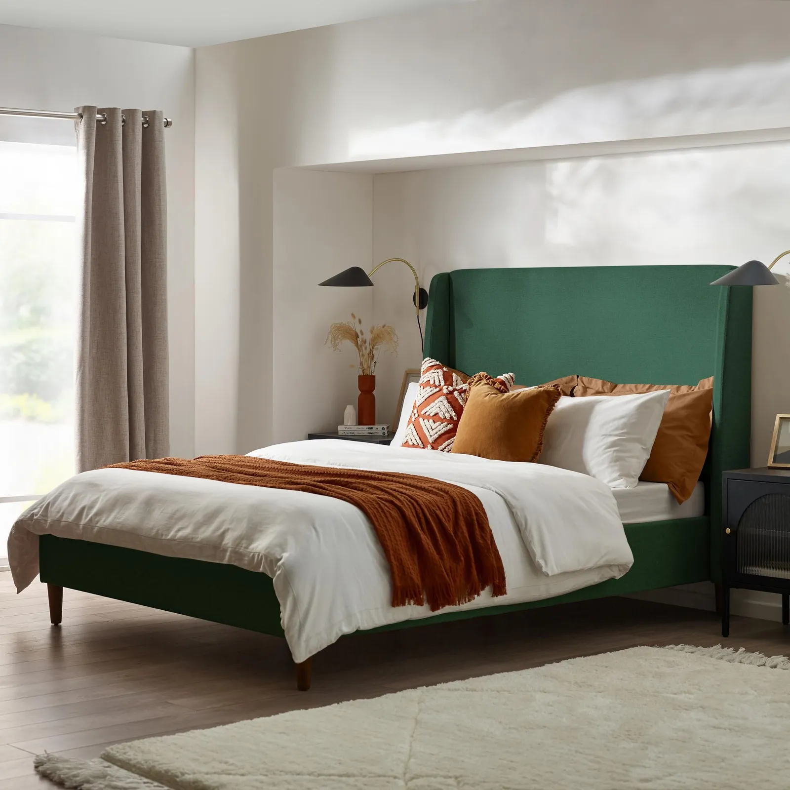 FurnitureboxUK Hana Tall Solid Wood King Or Double Bed Frame In Fabric in Green