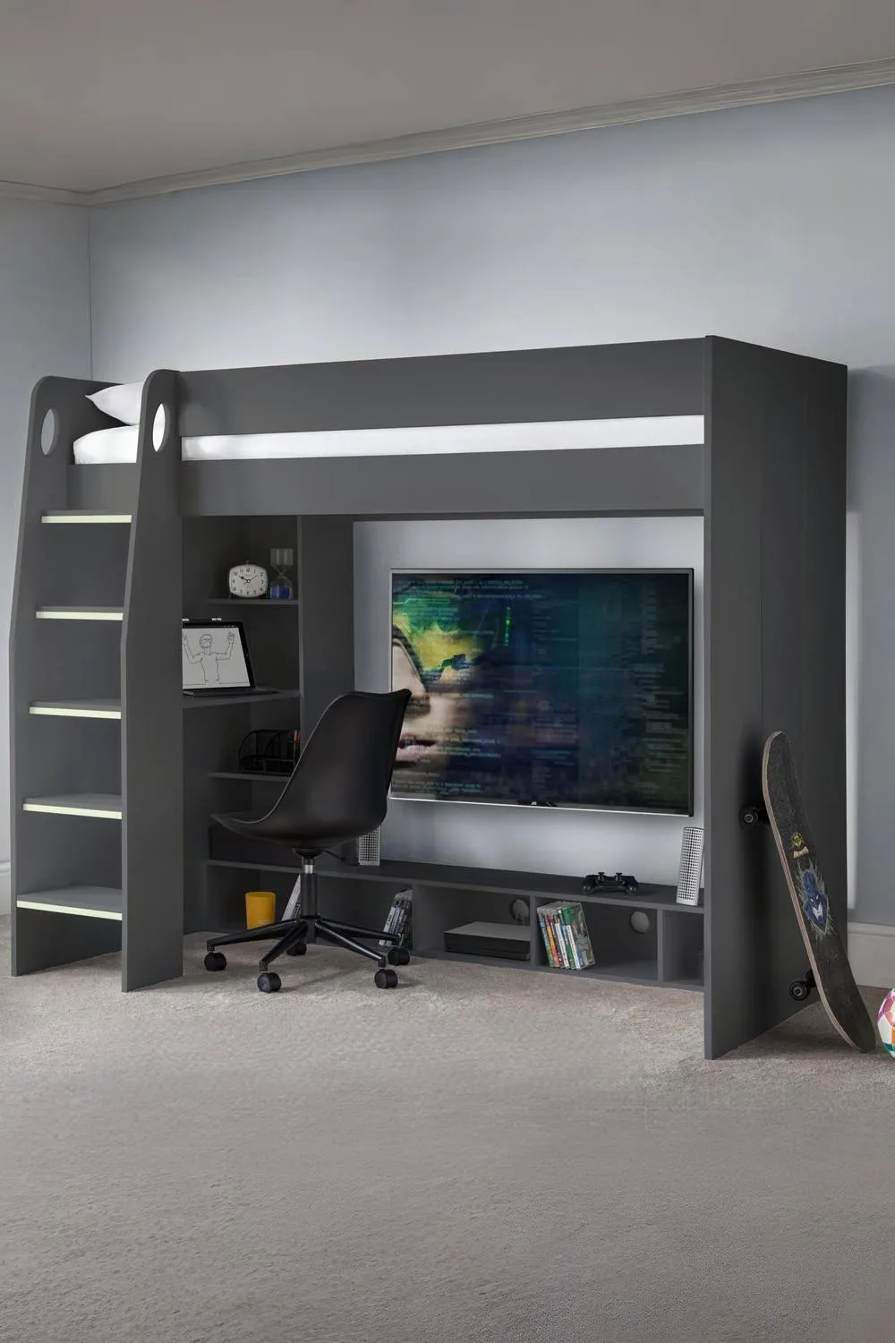 Julian Bowen Nebula Gaming Highsleeper Loft Bed with Desk in Dark Grey