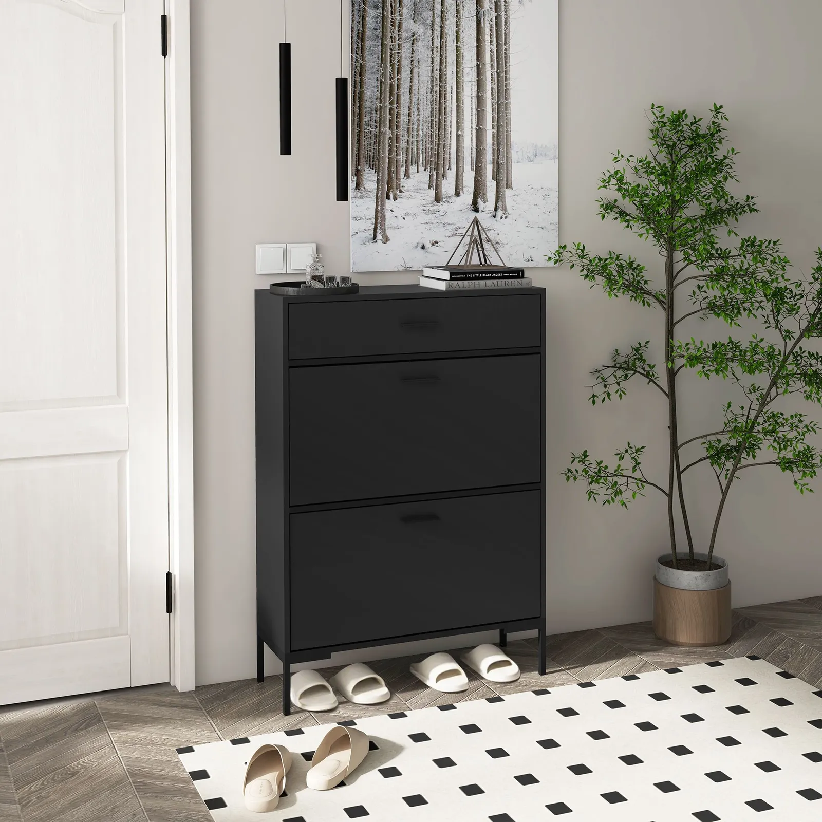 HOMCOM Shoe Storage Cupboard with 2 Flip Doors & Sliding out Drawer, Black