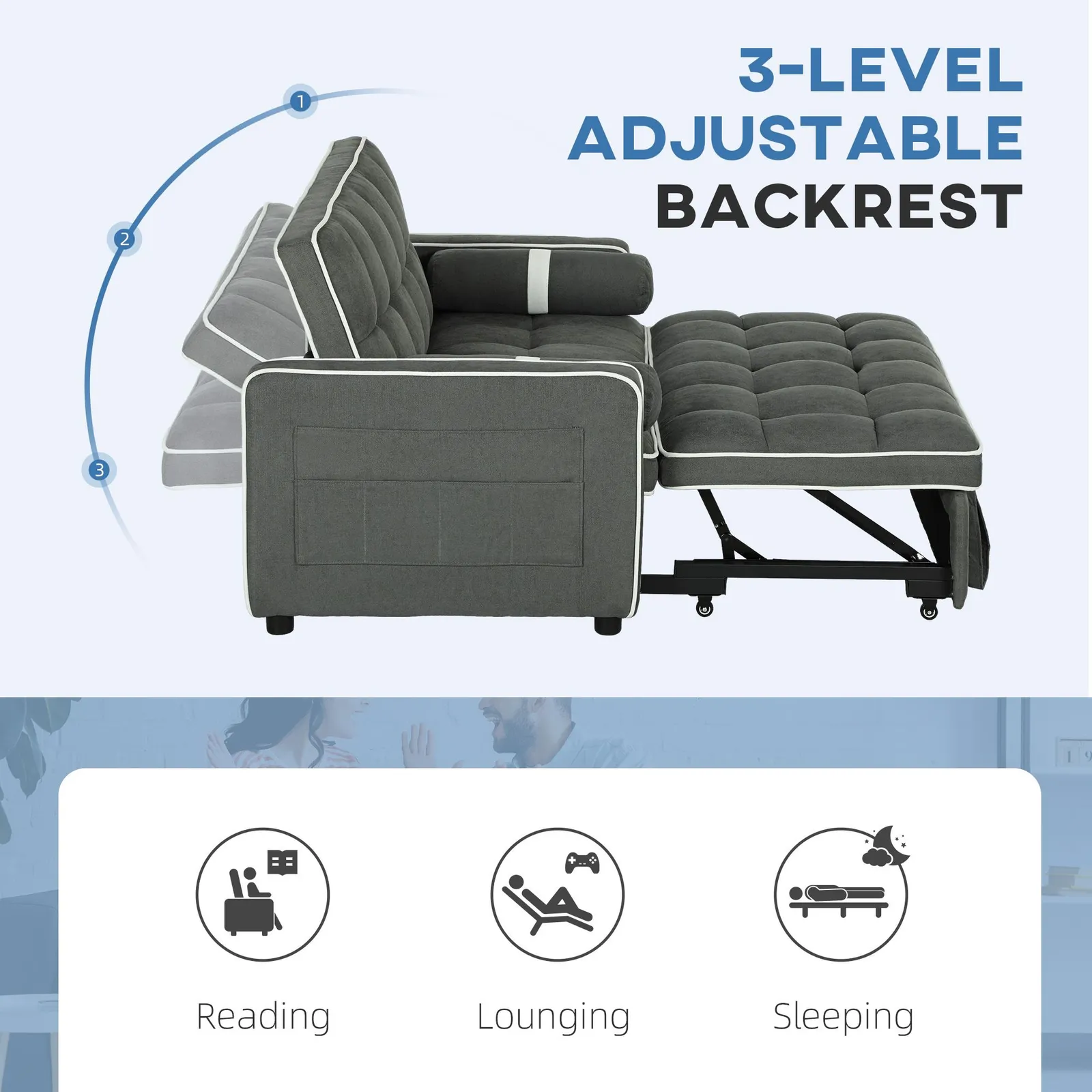 HOMCOM 2 Seater Pull Out Sofa Bed with Adjustable Backrest in Dark Grey 6