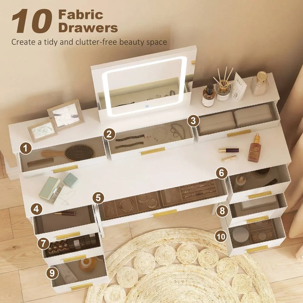 HOMCOM Dressing Table with LED Lighting Mirror & 10 Drawers, White 5