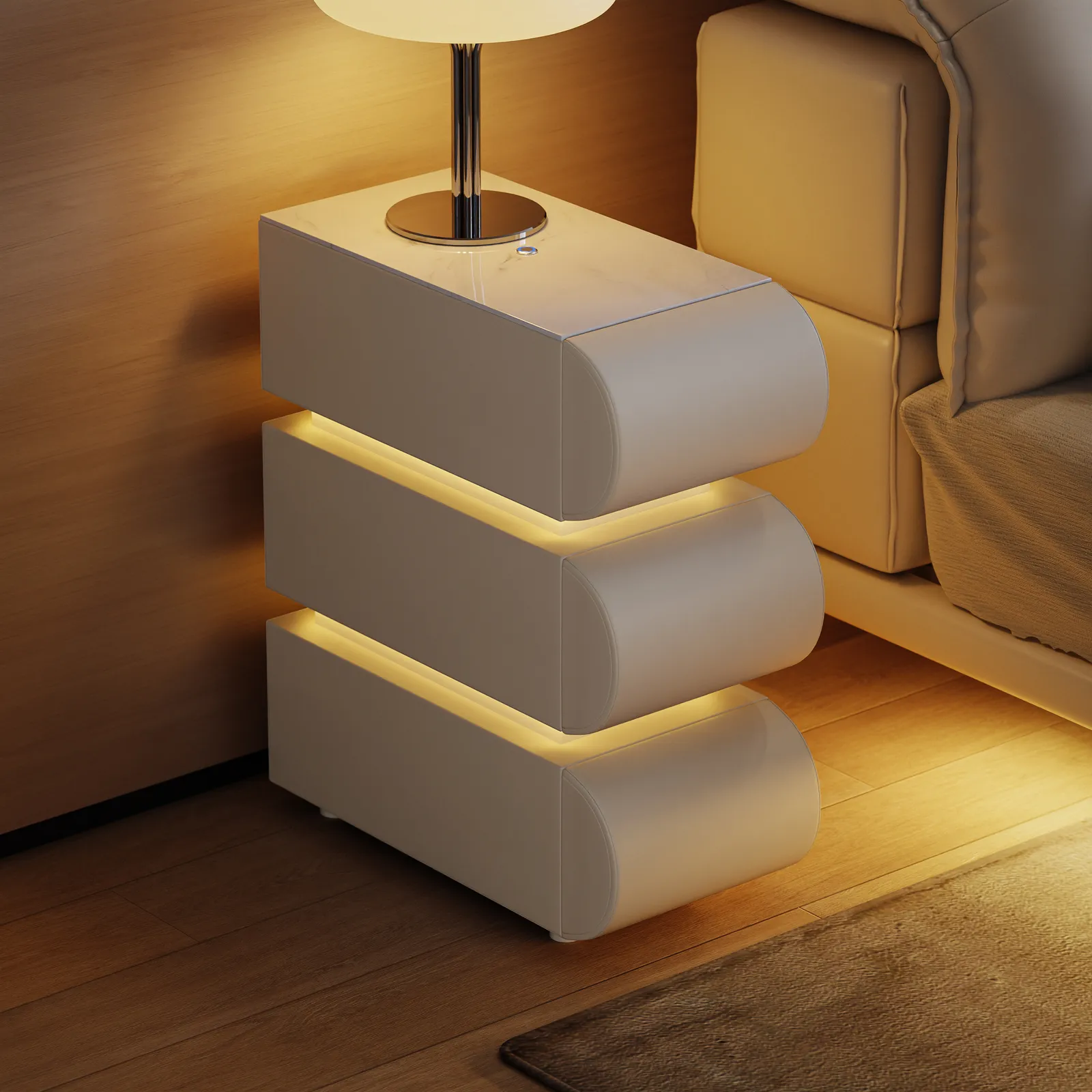 Narrow Humply Leather 3-Drawer Smart Bedside Table with Sintered Stone Top