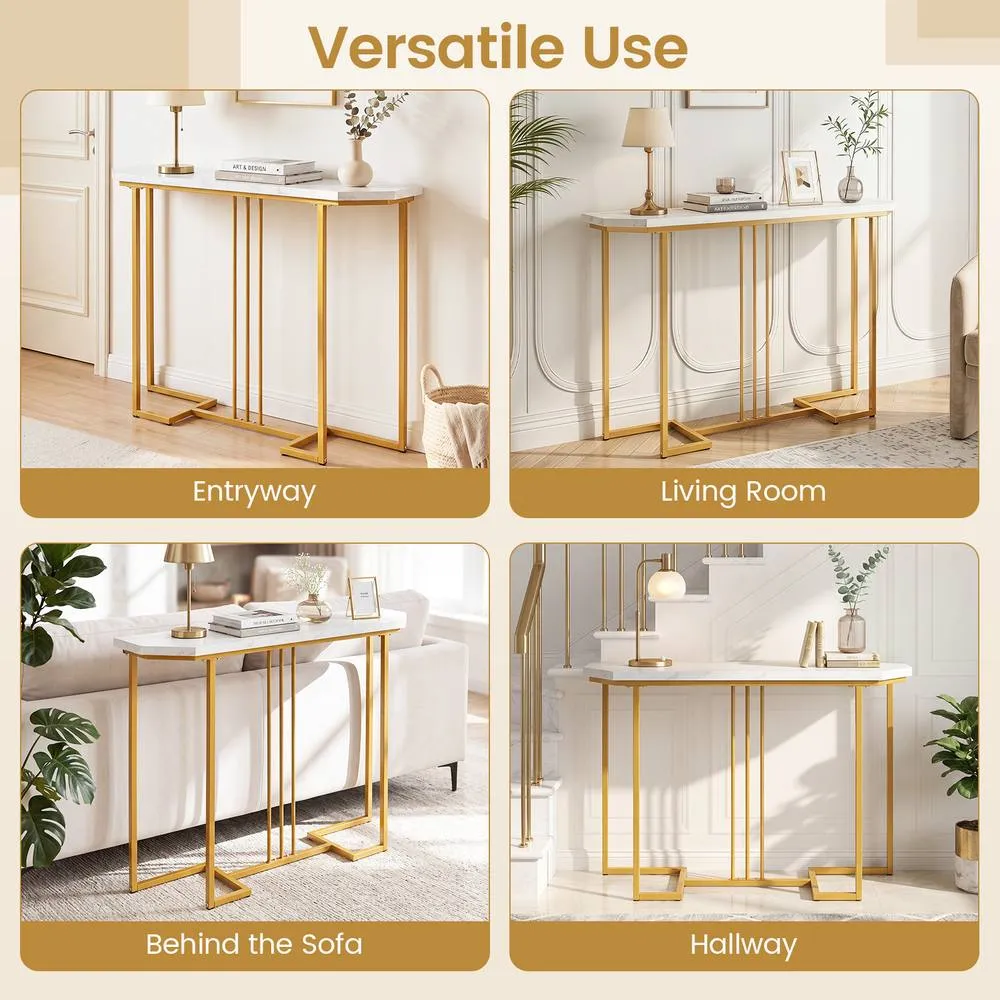 Costway Modern Console Table 110 CM Narrow Entryway Table with Faux Marble Top in White 6