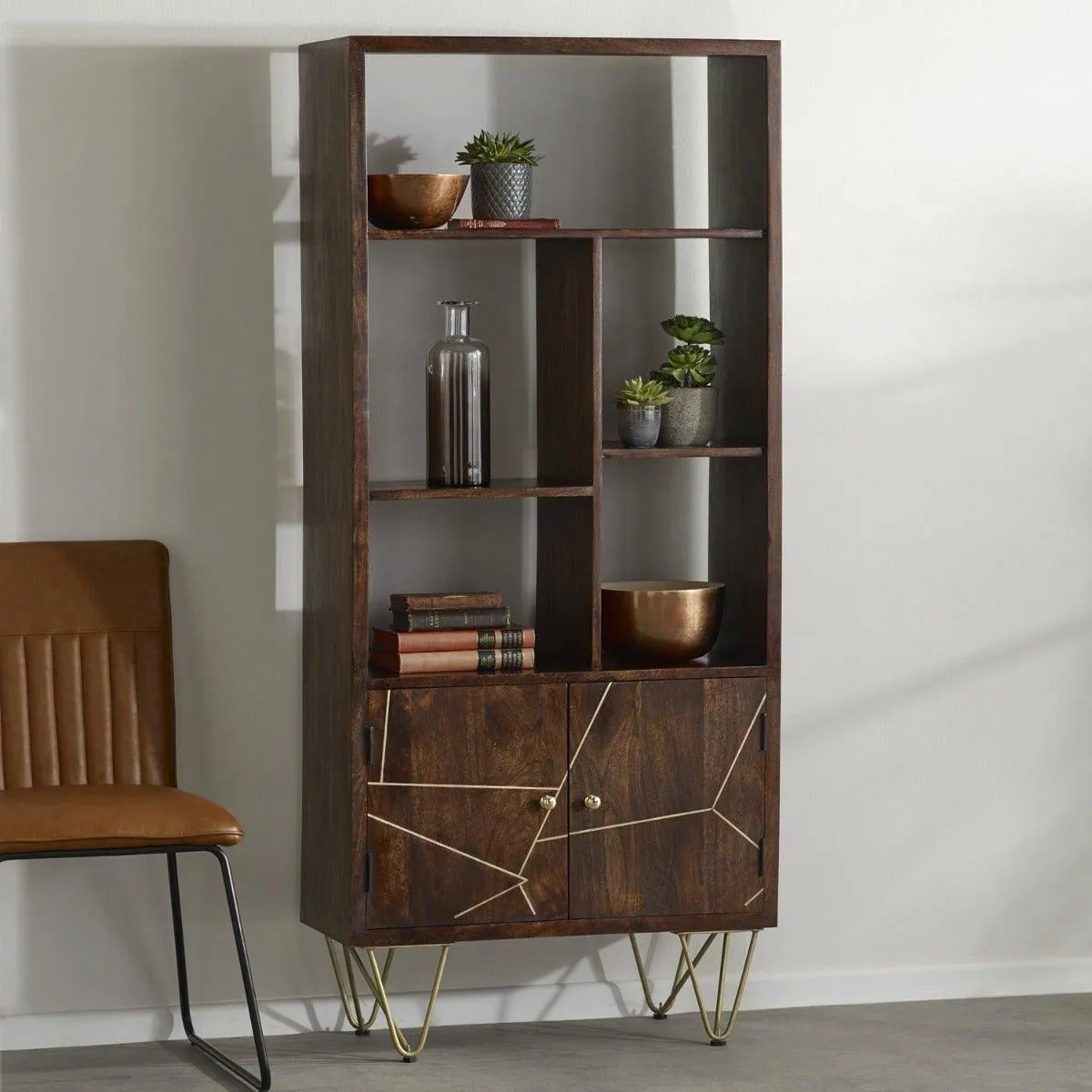 IH Design Multi shelf bookcase with Doors Deiondre Dark Mango in Brown