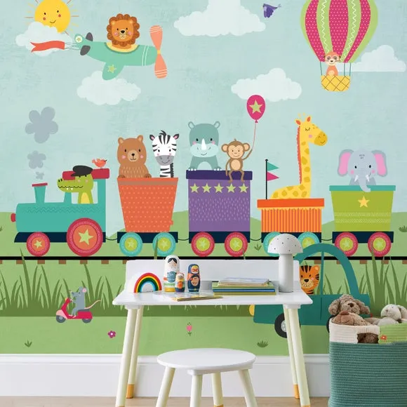 Kids Animal Party Train Wall Mural 3