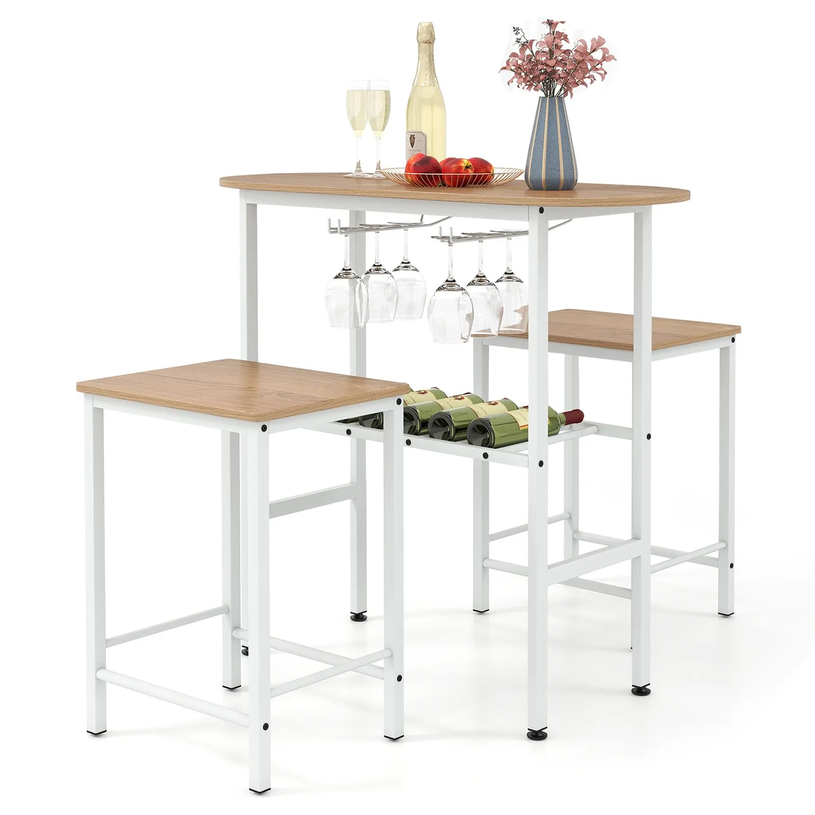 Costway 3 Piece Counter Height Table Set Oval Dining Table & 2 Stools in Natural 2