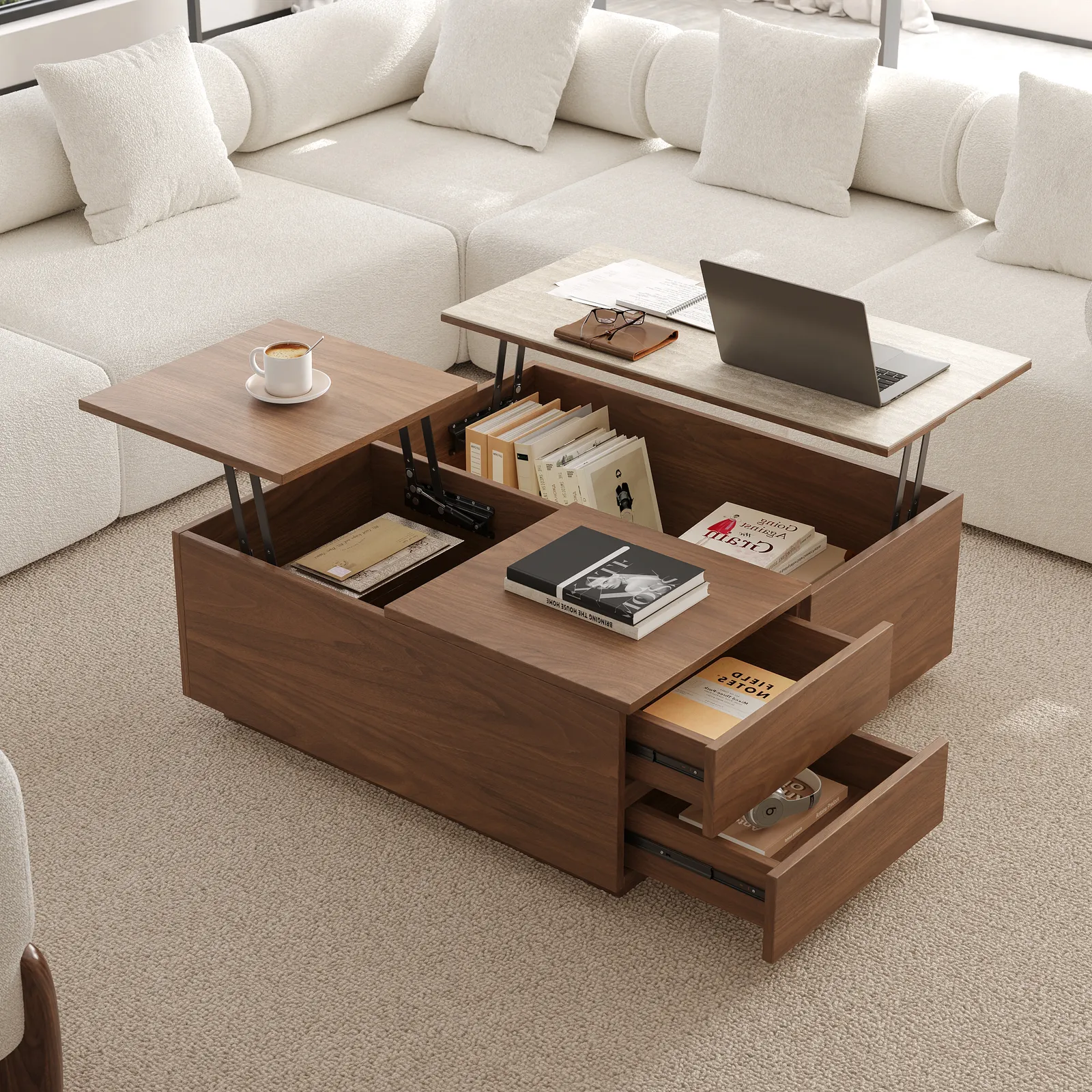 39" Square Lift-Top Travertine Veneer Sintered Stone Coffee Table with Storage