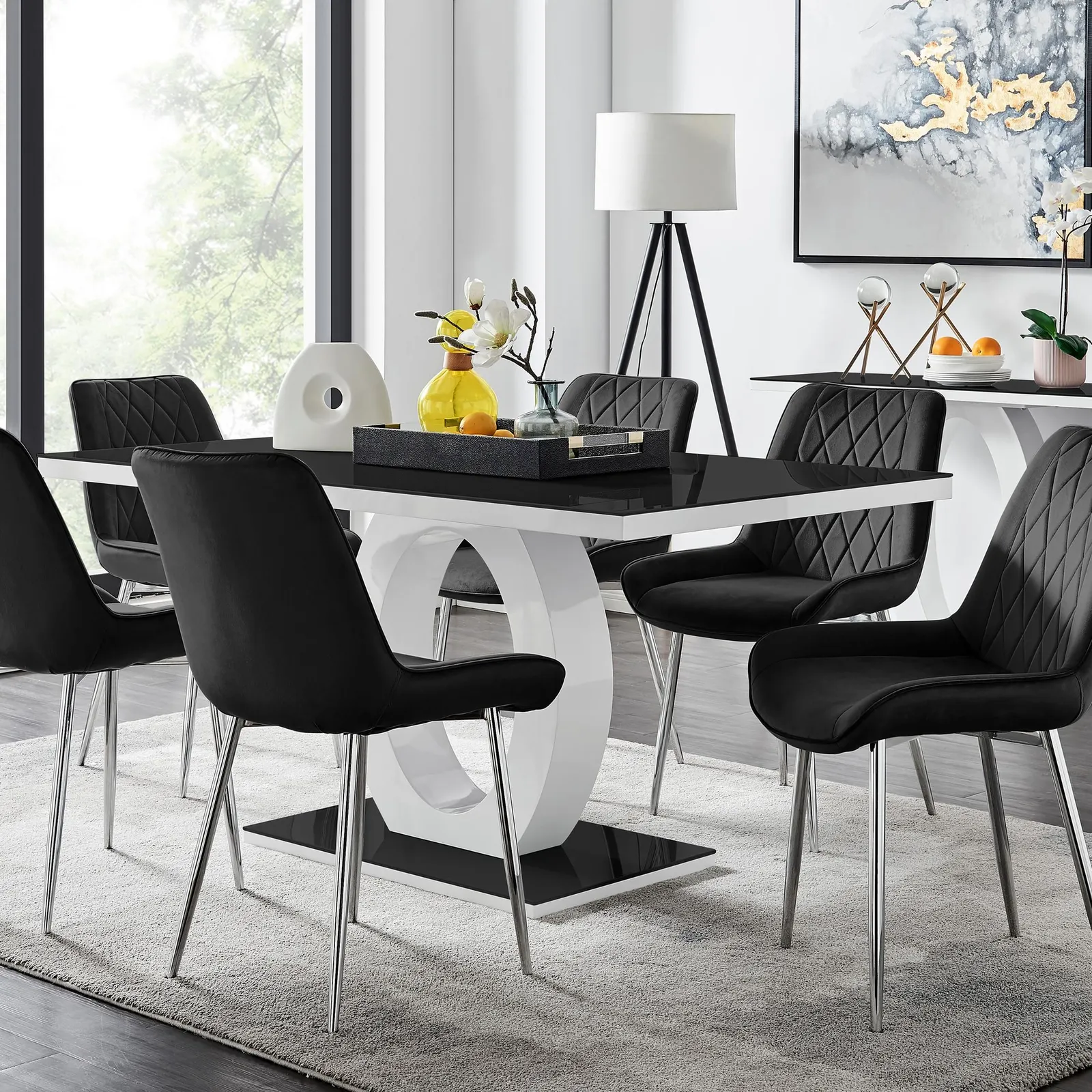 FurnitureboxUK Giovani Rectangular 6 Seat White High Gloss Unique Halo Base Dining Table Black Glass Top 6 Soft Velvet Silver Leg Pesaro Chairs 1