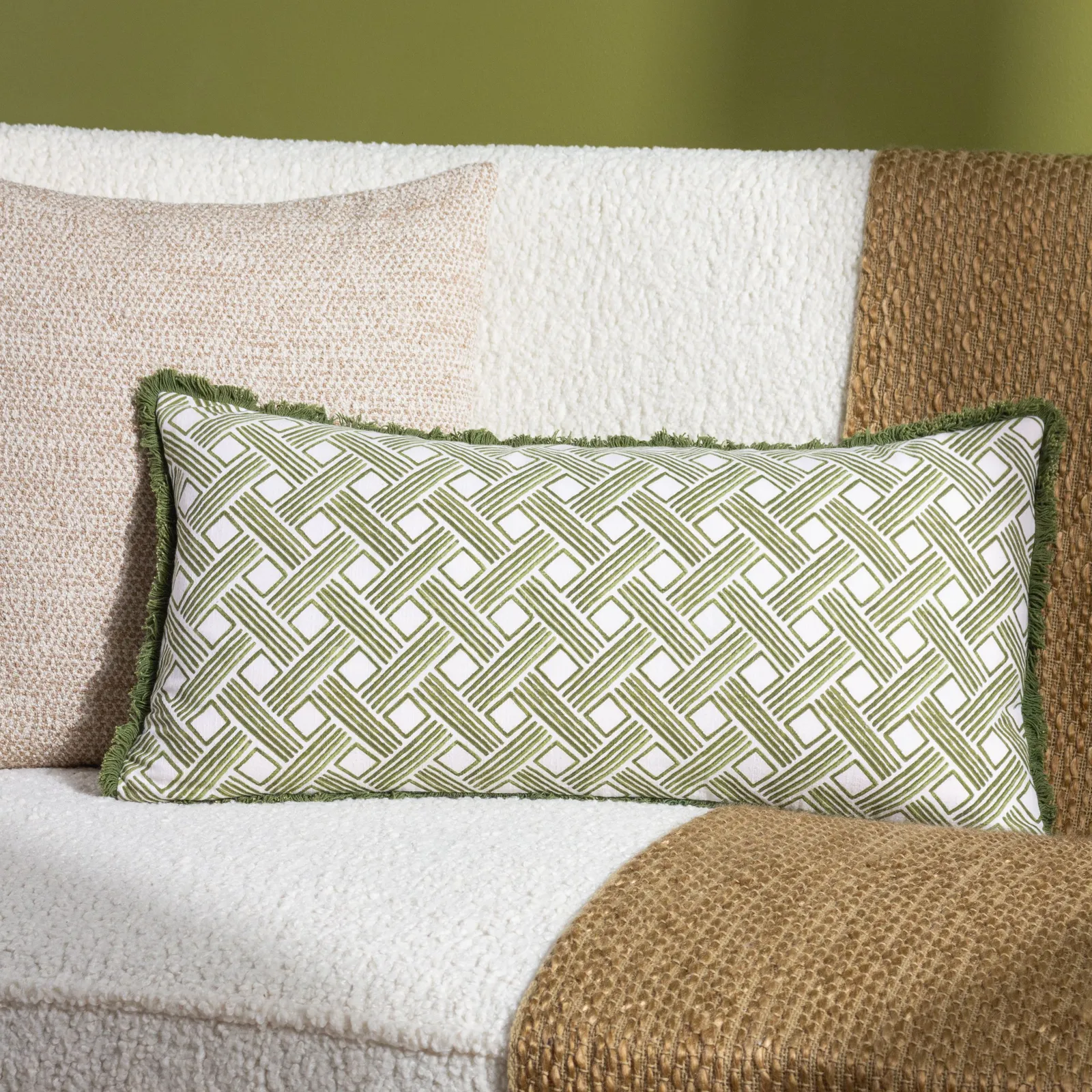 HOEM Alexah 100% Cotton Geometric Fringed Cushion in Olive