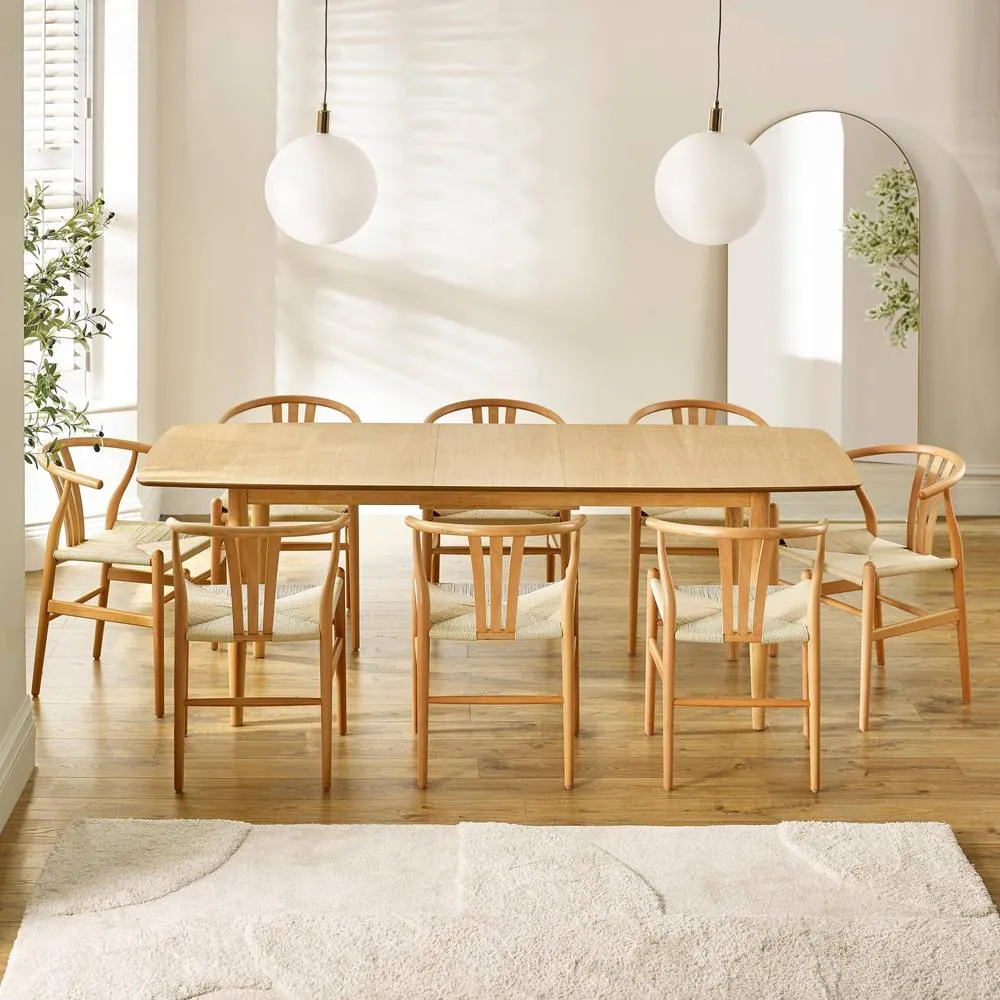 FurnitureboxUK Leif Oak Effect Wood Extending Table & 8 Caia Wishbone Dining Chairs in Brown 2