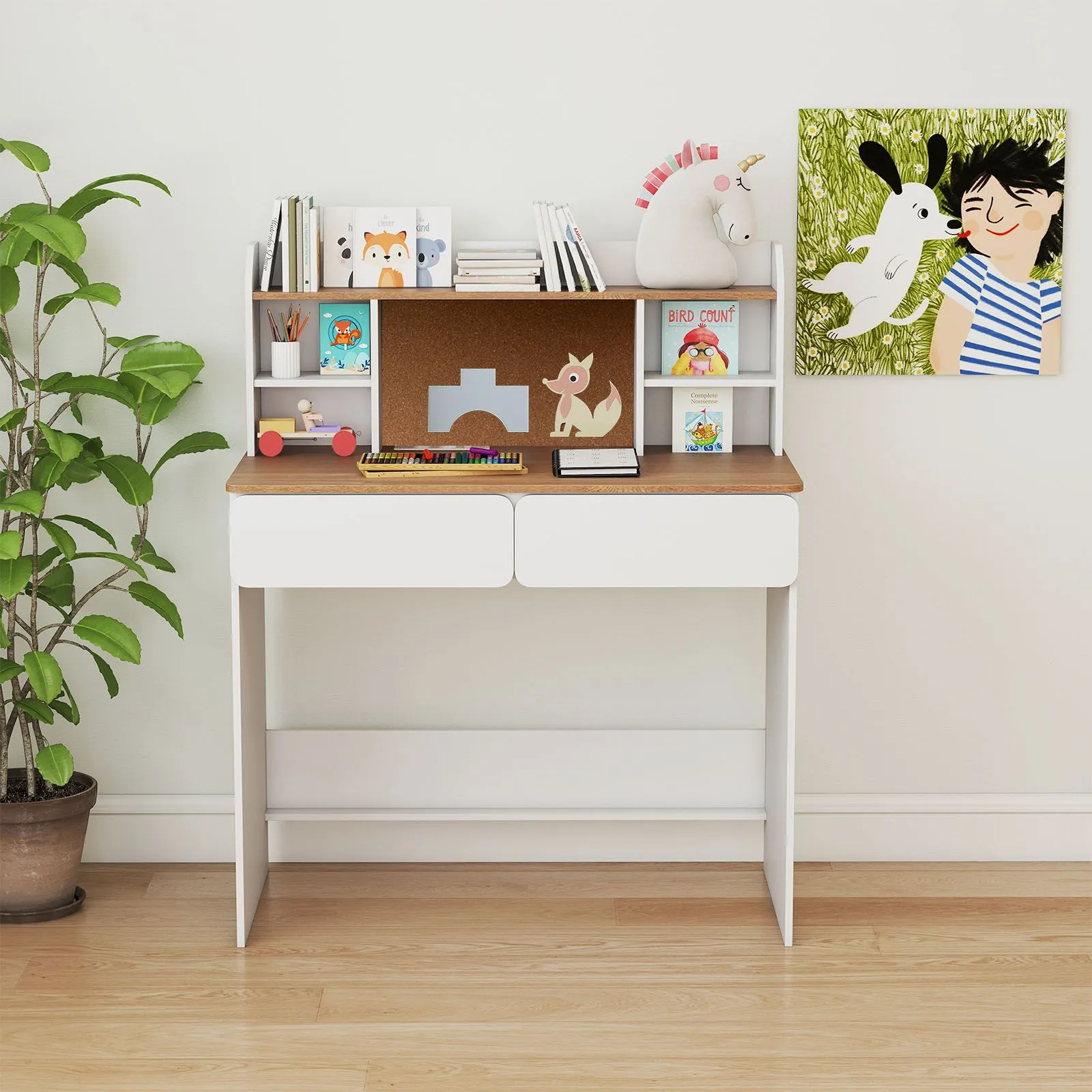 Costway Study Desk Student Writing Table w/ Cork Bulletin Board in White 4