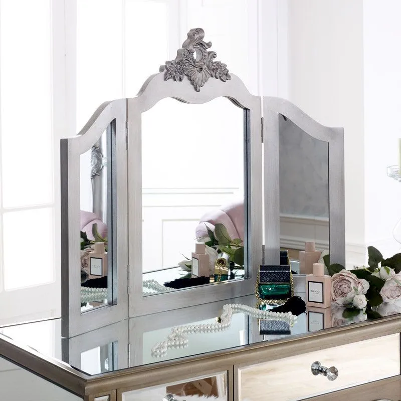 Melody Maison Large Mirrored Dressing Table, Mirror & Stool Set - Tiffany Range in Metallic Silver 6