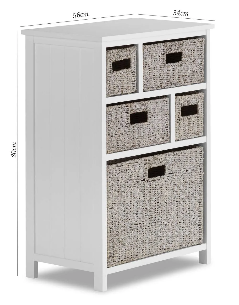 Statement Furniture Tetbury 5 Drawer Storage Unit- White with Whitewash Seagrass Baskets 3