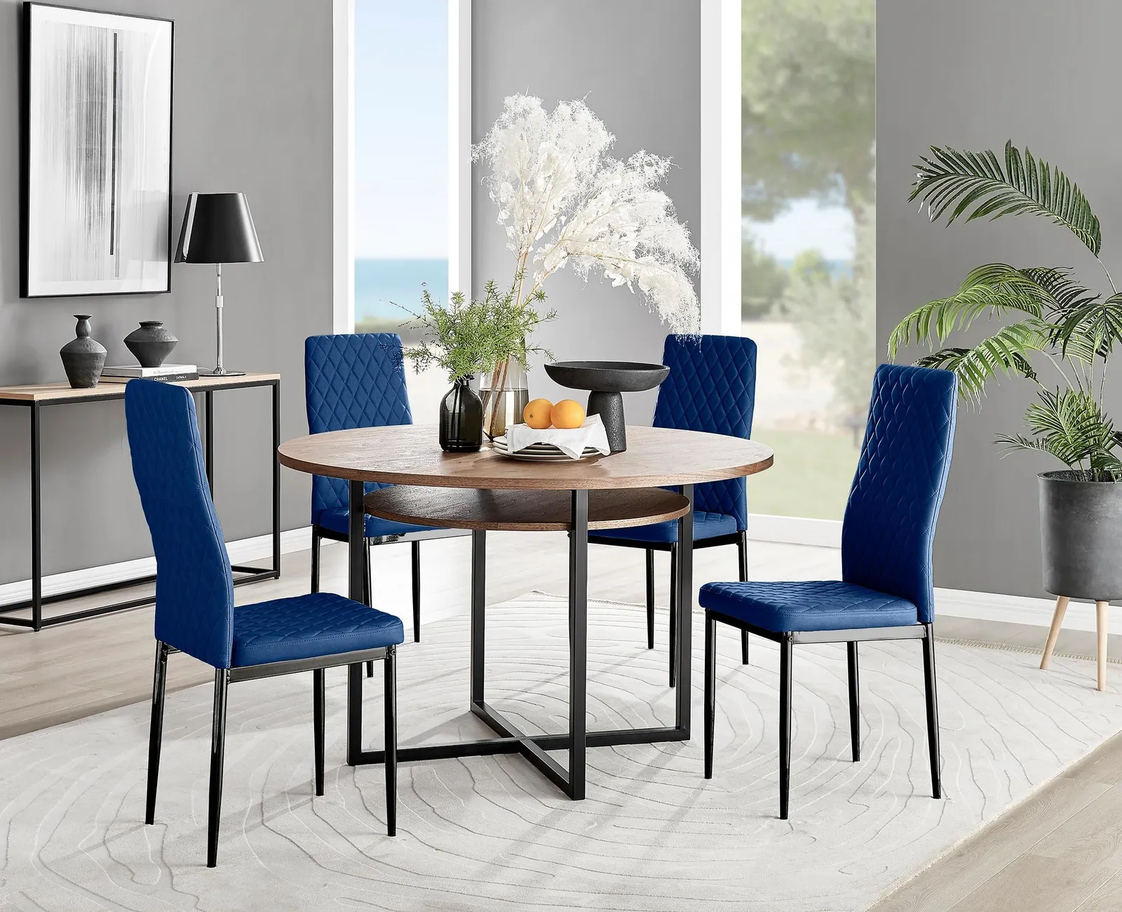 FurnitureboxUK Adley Brown Wood Storage Dining Table & 4 Velvet Milan Black Leg Chairs in Navy 1