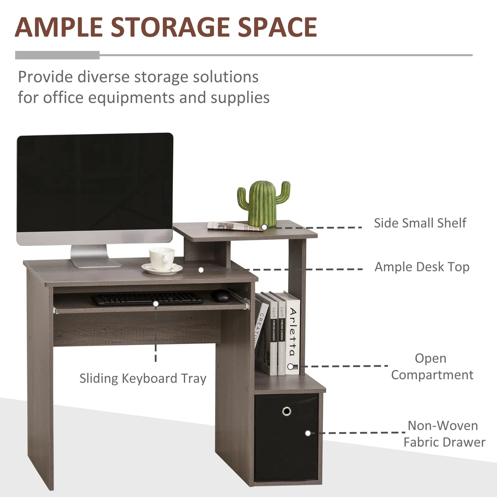 HOMCOM Computer Desk with Sliding Keyboard Tray Storage Drawer Shelf in Grey 4