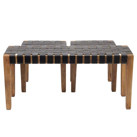 Pacific 2 Seater Claudio Leather Bench and Stools Set, Mango Wood 3