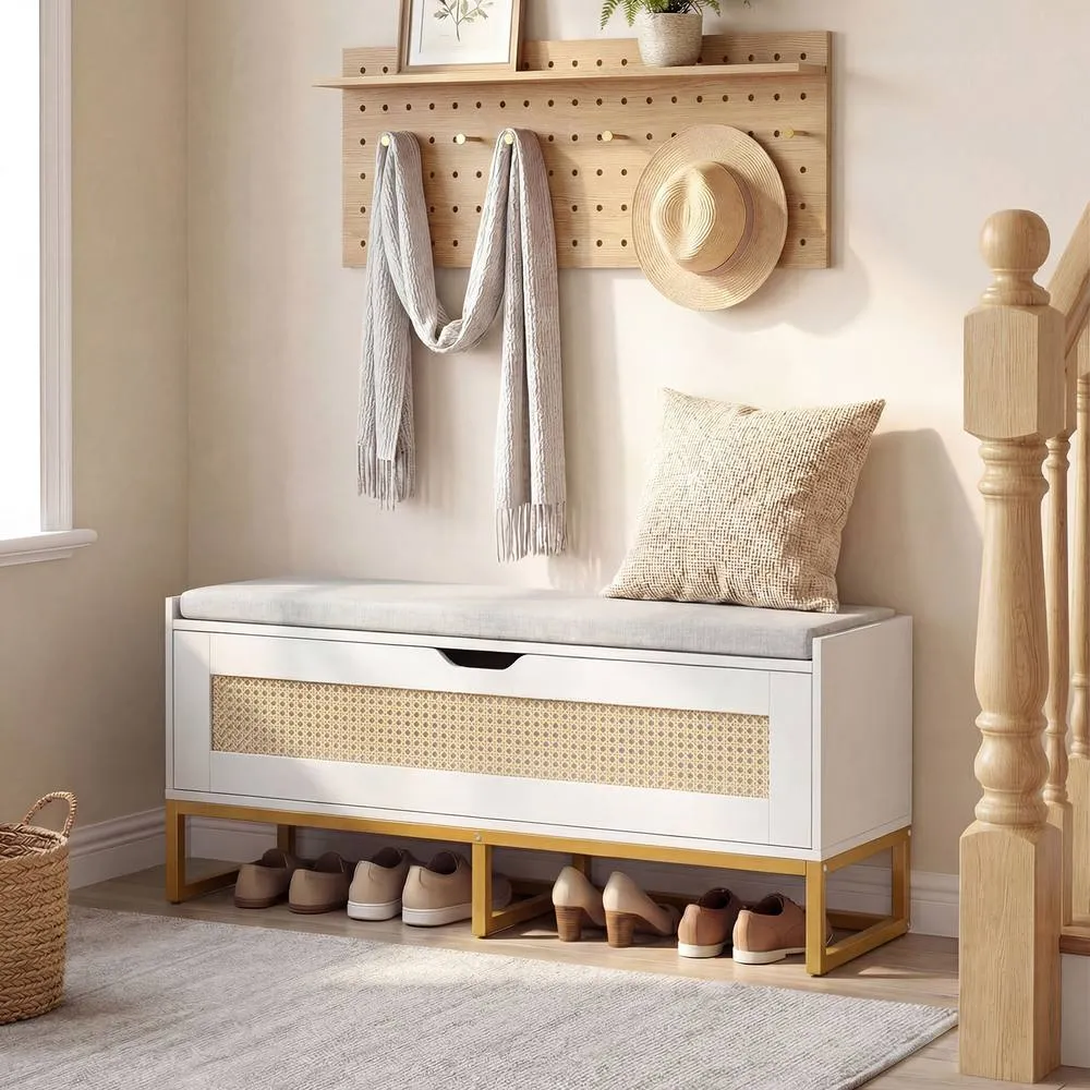 Costway Rattan Storage Chest Modern Hidden Storage Entryway Furniture in White 5